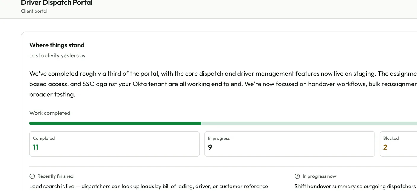 A client portal showing where the project stands