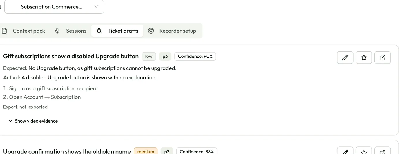 Bug reports written from a recorded QA session
