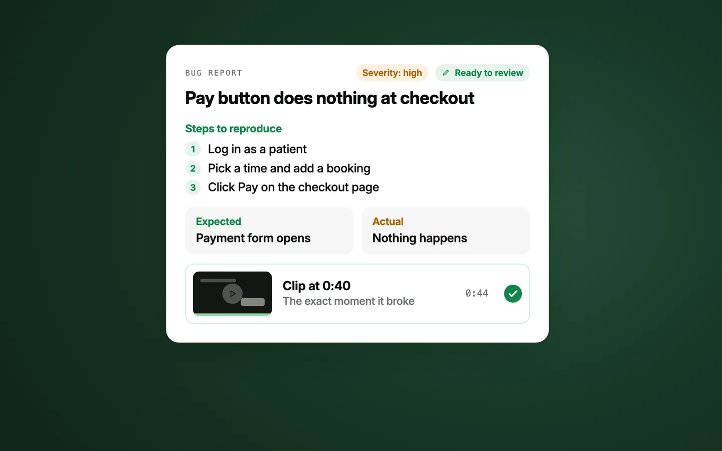 A bug report written from a recording, with steps, expected and actual behavior and a clip